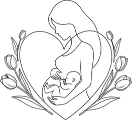 Obraz premium Mother tenderly breastfeeding her baby surrounded by tulips and heart