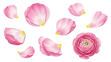 A beautiful pink flower and its petals are scattered on a white background