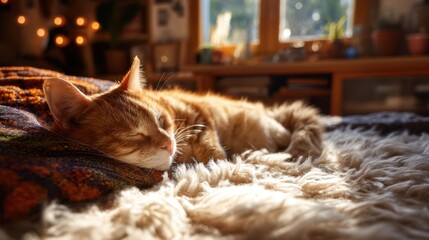 Ginger cat sleeping peacefully in sunlit cozy room.