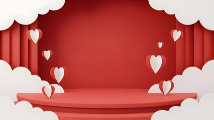 A red stage with white clouds and floating hearts around it