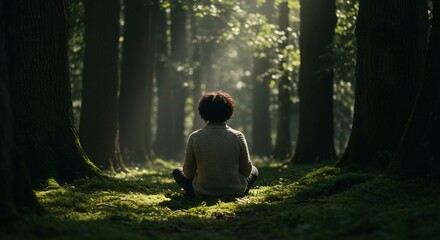 穏やかな早朝光が美しく木漏れ日となって降り注ぐ深い森 苔むした地面に一人静かに座り瞑想する人物 自然との一体感を感じ心身を深く癒す瞑想のひととき. AI Generated