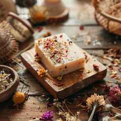 realistic product photo of natural soap bar dried flowers herbs wooden tray cozy rustic aesthetic
