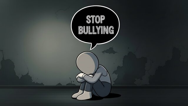 Sad child sitting alone with stop bullying message