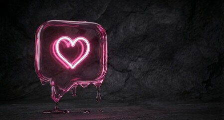 A glowing pink neon heart symbol encased in a melting translucent pink cube against a dark textured background.