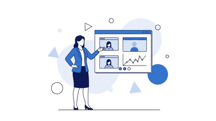 Businesswoman presenting online meeting and analytics on screen, flat design illustration