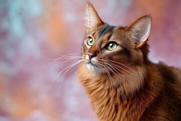 Fototapeta premium Portrait of a funny somali cat in front of pastel or soft colors background.