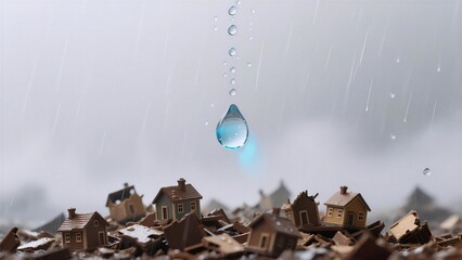 A single raindrop falling over miniature houses amidst rubble, expressing the aftermath of destruction and hope for renewal, Used for disaster relief or environmental awareness campaigns.