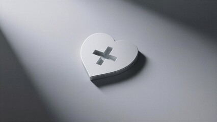 A white heart-shaped icon with a cross symbol, casting a soft shadow on a minimalist surface, expressing care and medical support or Used for healthcare and wellness themes.