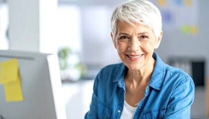 Smiling mature woman with short gray hair wearing casual outfit sitting at desk with computer, looking directly at camera in bright modern workspace
