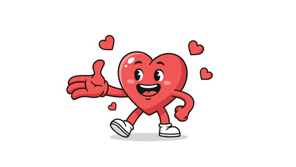 Cheerful heart character giving a thumbs up gesture and walking confidently with small red hearts floating around.