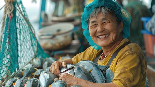 A woman stands at a market stall in a coastal area, holding fish in her arms. She smiles brightly as she interacts with customers and displays her fresh catch. This scene takes place in the morning