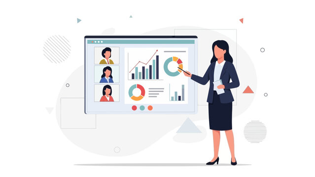 Businesswoman presenting online meeting with charts and graphs on screen - Powered by Adobe