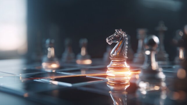 3D illustration of a chess board where a glowing knight piece is moving so fast it leaves a trail of light across the squares, toppling an opponent. The background is a blurred high-tech command 