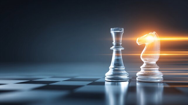 3D illustration of a chess board where a glowing knight piece is moving so fast it leaves a trail of light across the squares, toppling an opponent. The background is a blurred high-tech command 
