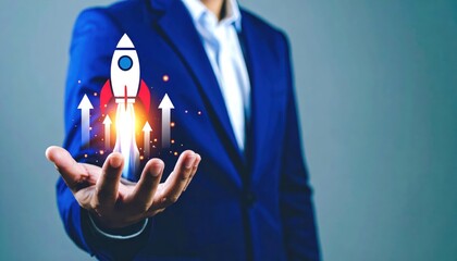 Businessman in a Suit Holding a Graphic of a Rocket Launching with Upward Arrows Representing Growth, Success, and Innovation in a Modern Context