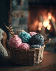 A wicker basket filled with colorful balls of high-quality wool yarn (pastel pink, teal, grey). 