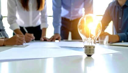 Creative brainstorming session with a light bulb symbolizing innovative ideas and teamwork among diverse business professionals in a modern office setting