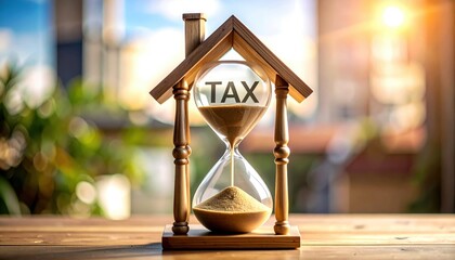 Hourglass in House Shape Represents Tax Deadline, Urgency and Financial Planning in Modern Lifestyle with Background of Bright Window Light