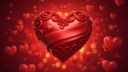 A large red heart with swirls and ribbon surrounded by smaller hearts