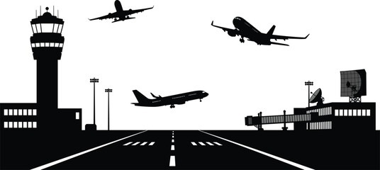 Airport runway silhouette with control tower radar and commercial airplanes taking off for travel transportation and aviation industry vector design. (20 words) © MDGOLAM