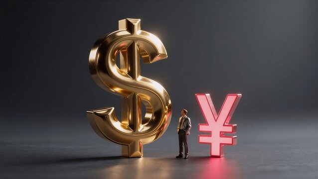 A businessman standing between a golden dollar sign and a red yen symbol, expressing financial power and global currency comparison, used for finance, economics, and investment themes.