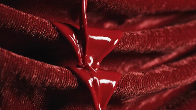 Abstract close-up macro view of thick, viscous crimson liquid slowly dripping down and coating dark, blood-red velvet theater curtains fabric, slowly, curtains