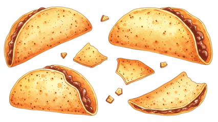 Tacos scattered on a white background, some broken, showcasing Mexican cuisine