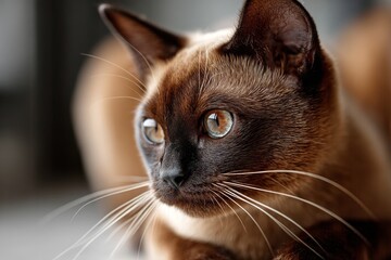 Portrait of a cute burmese cat in front of minimalist or empty room background.