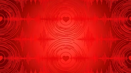 A vibrant red background with concentric circles and heart patterns