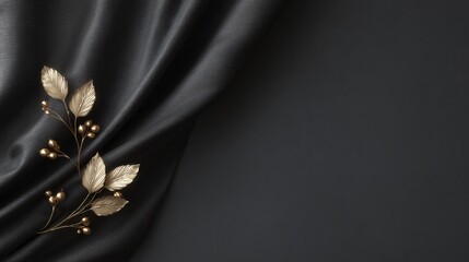 Elegant gold leaves on black satin fabric minimalist still life indoor setting close-up view decorative concept