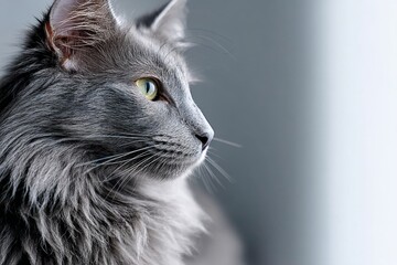 Portrait of a cute nebelung cat while standing against minimalist or empty room background.