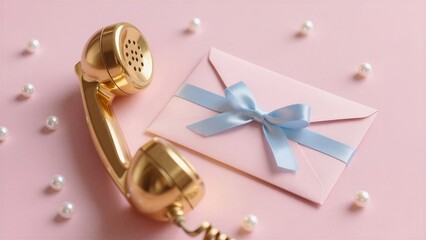 A golden vintage telephone and a pink envelope with a blue ribbon, surrounded by pearls on a soft pink background, expressing elegance and romance, used for wedding invitations or love messages.