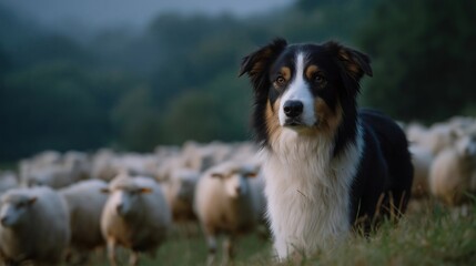 A border collie herding sheep using subtle body language and signaling cues from the farmer across a foggy field — animal training, rural life coordination, and instinctive communication. cinematic