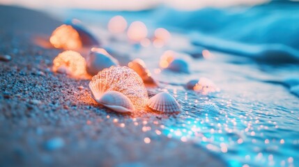 Seashells on Beach Shore with Sparkling Wave Light