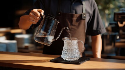 A barista pouring filtered water into a kettle for pour-over coffee, capturing the moment pure water enhances flavor and aroma — specialty coffee preparation, water quality control, and artisanal