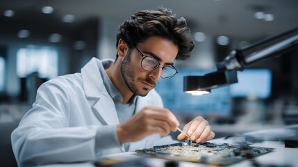 A quality tester in a high-tech lab examining a circuit board under a magnifying lamp, tiny solder points glowing as diagnostic tools display real-time performance data &mdash; precision electronics