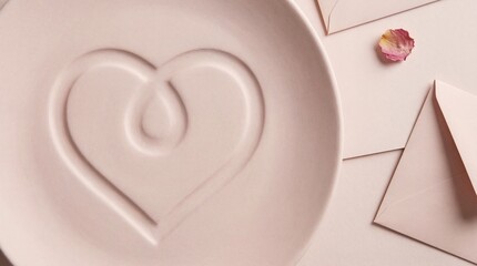 Top view of a delicate blush pink plate with an embossed heart design next to soft pink envelopes and a single rose petal creating a romantic and tender aesthetic