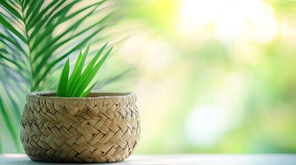 Green Leafy Plant in Woven Pot Against Blurred Backdrop