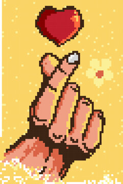 pixcel art hand with heart.
