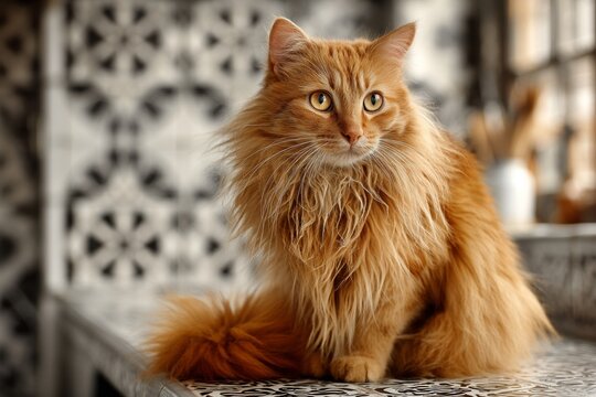Portrait of a funny laperm cat while standing against scandinavian-style interior background.