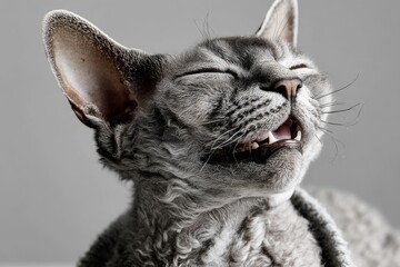 Portrait of a smiling devon rex cat while standing against blank studio backdrop.