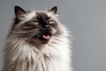 Portrait of a happy himalayan cat in blank studio backdrop.
