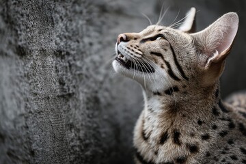 Portrait of a happy savannah cat on bare concrete or plaster wall.