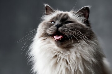 Portrait of a happy himalayan cat isolated on blank studio backdrop.