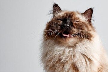 Portrait of a happy himalayan cat isolated in blank studio backdrop.