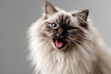 Portrait of a happy himalayan cat isolated in blank studio backdrop.
