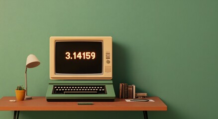 3.14159 Vintage computer displaying pi value in a retro workspace minimalist environment artistic viewpoint tech concept