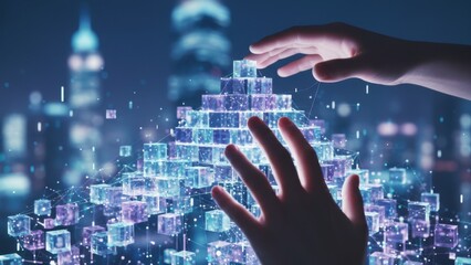 Futuristic digital cityscape with holographic skyscrapers and floating data points highlighting advanced technology and virtual reality innovation at night