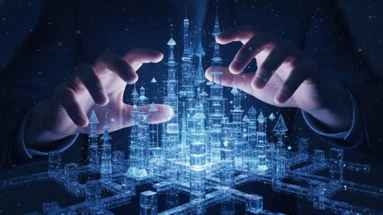 Futuristic digital cityscape with holographic skyscrapers and glowing structures depicting advanced technology and innovation at night