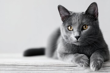 Portrait of a funny chartreux cat on light wood minimalistic setup.
